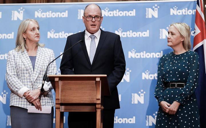 Amy Adams, Todd Muller and Nikki Kaye at National's minister portfolio reshuffle on 25 May 2020.