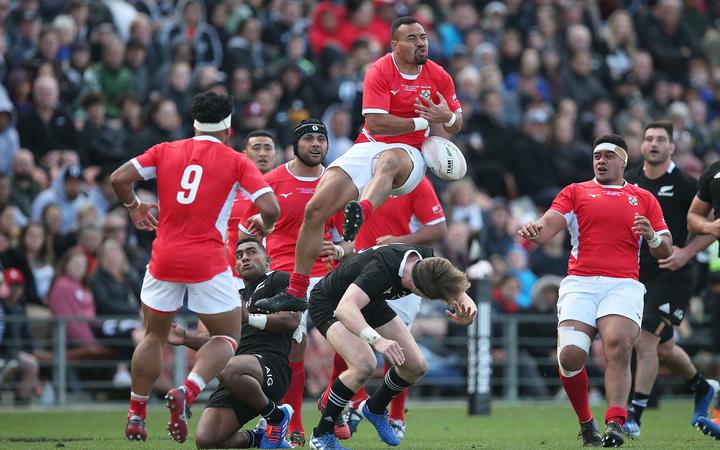 Tonga reserve James Faiva collides with All Blacks reserve Jordie Barrett during the rugby Test All Blacks v Tonga, Hamilton, 2019.