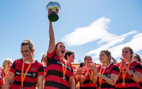 Nina Poletti of Canterbury celebrates winning the Farah Palmer Cup Final rugby match, Canterbury v Counties Manukau, Rugby Park, Christchurch, New Zealand, 20th October 2018.
