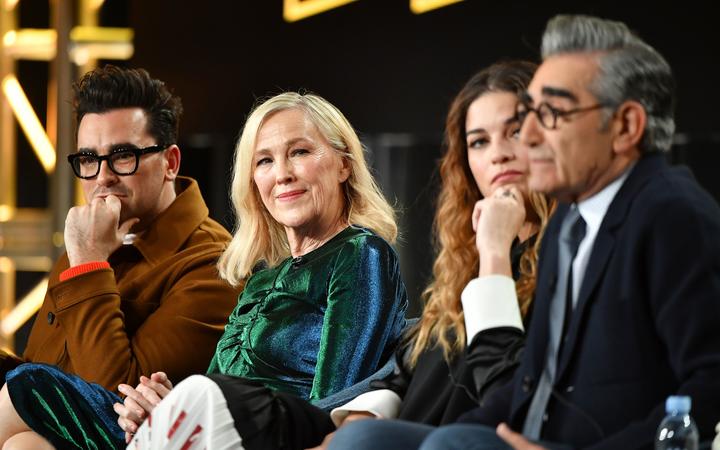 From left, Daniel Levy, Catherine O'Hara, Annie Murphy and Eugene Levy of 'Schitt's Creek' speak to media in January 2020.