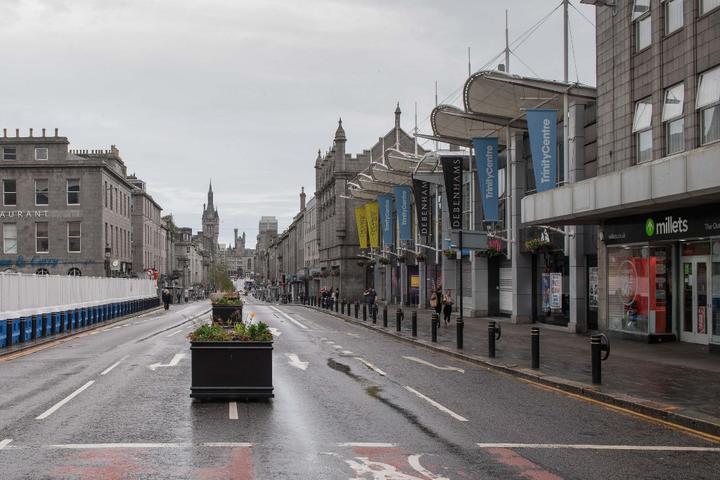 The streets are deserted in Aberdeen, eastern Scotland on August 5, 2020, following the announcement that a local lockdown has been imposed on the city after a spike in the number of cases of COVID-19.