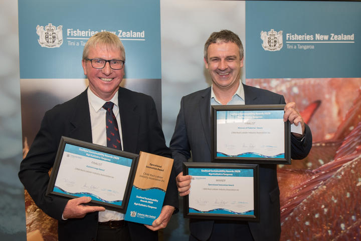 Malcolm Lawson (L) and Jeremy Excell from the CRA8 Rock Lobster Industry Association Inc., winners of the Operational Innovation Award, and finalists for the Kaitiakitanga Award and the Minister of Fisheries Award.