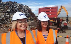 Judith Collins and Denise Lee at a scrap metal yard in Onehunga, Auckland.