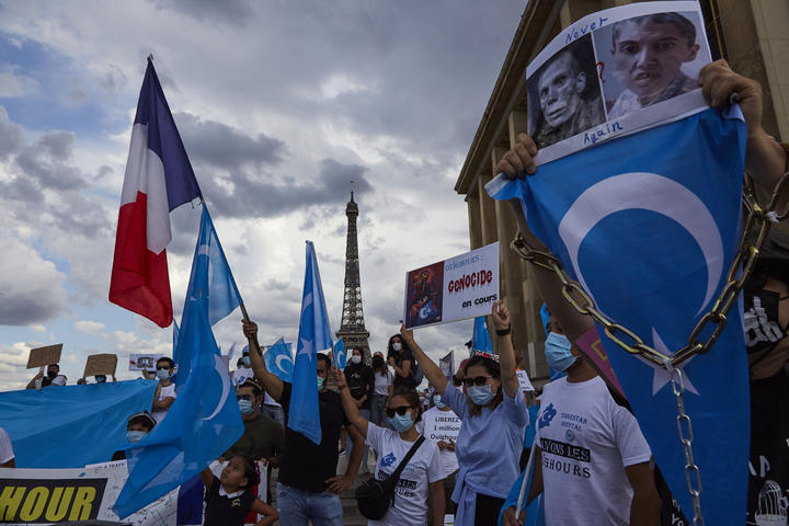 Members of the Uighur community and sympathizers demonstrate against China in Paris, France, on 16 August.