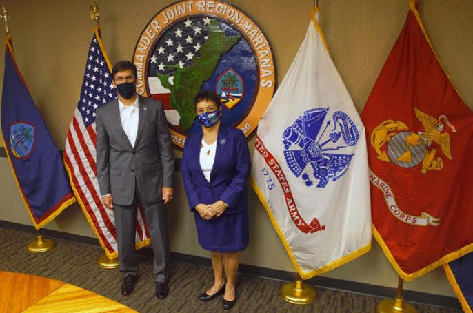 US Secretary of Defense Mark Esper meets Guam's Governor Lou Leon Guerrero in Guam, 29 August 2020. 