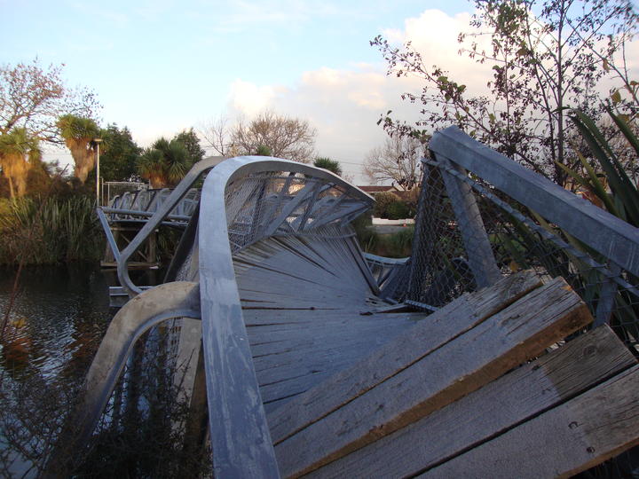 The twisted Medway bridge over the Avon River in Christchurch, following earthquake damage in 2011.