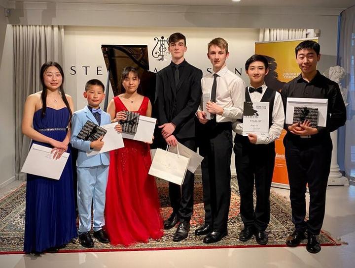 Finalists in the NZ Junior Piano Competition 2020. (Left to right): Catherine Chang, Shan Liu, Shuan Liu, Otis Prestcott-Mason, William Berry, Sunny Le, Henry Meng