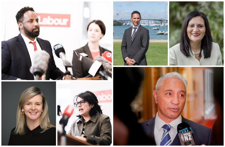 Incoming Labour MPs Ibrahim Omar (top left), Camilla Belich and Ayesha Verrall (bottom left). Outgoing National MPs Dan Bidois, Parmjeet Parmar (top right) and Alfred Ngaro (bottom right).
