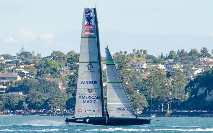 Americas Cup USA challenger Patriot of American Magic training on Waitemata Harbour.
