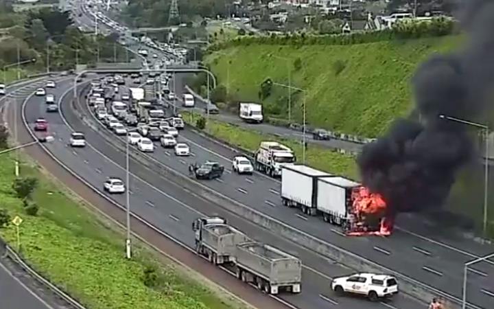 A truck on fire on the Southwestern Motorway between Mangere and Hillsborough.