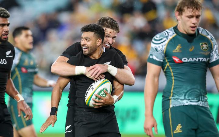 Richie Mo'unga celebrates his second try with Beauden Barrett in the Bledisloe Cup rugby union test match at ANZ Stadium, Sydney, Australia. 31st Oct 2020. 