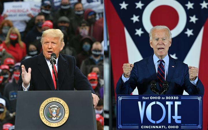 Donald Trump speaks during a campaign rally in New Hampshire on October 25, 2020.
and Joe Biden speaking in Cincinnati, Ohio, on October 12, 2020