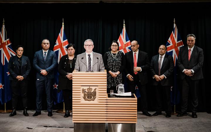 Labour Maori caucus - from left: Kiri Allan, Peeni Henare, Nanaia Mahuta, Kelvin Davis, Meka Whaitiri, Willie Jackson, Adrian Rurawhe, and Rino Tirikatene.