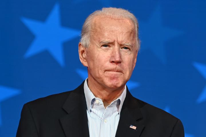 Democratic presidential candidate Joe Biden looks on while speaking at the Queen venue in Wilmington, Delaware, on November 5, 2020. 