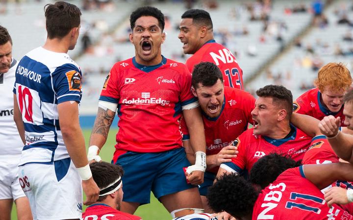 Tasman Sione Havili celebrates a try just before halftime during the Mitre 10 Cup Final rugby match between Auckland and Tasman Makos, held at Eden Park, Auckland, New Zealand. 28 November 2020