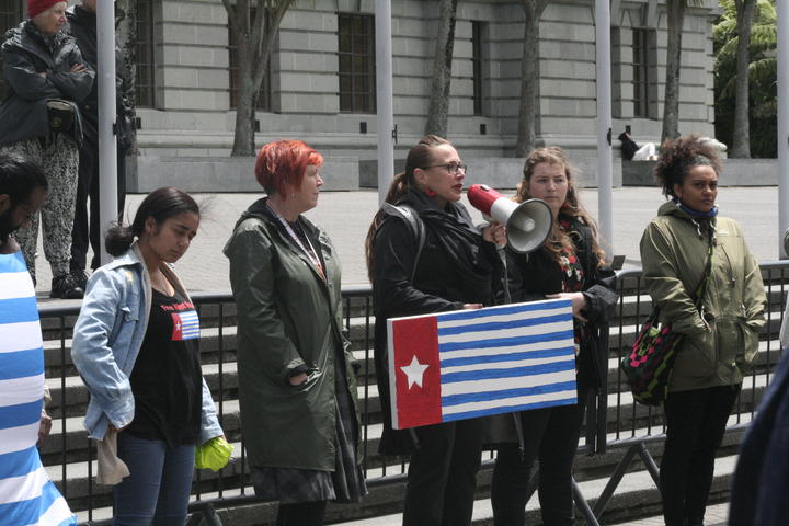 April Henderson speaks at the annual December 1st Flag Day demonstration in support of West Papuan Independence. 1 December, 2020.