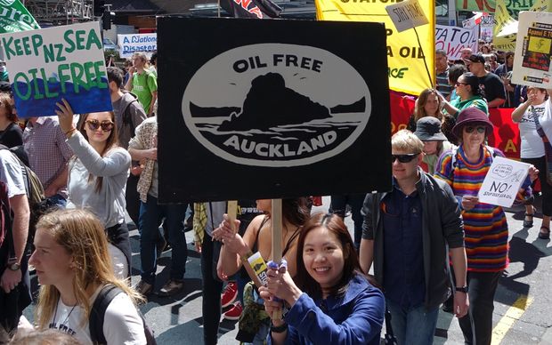 Protesters during a hikoi in Auckland today against deep sea oil drilling.
