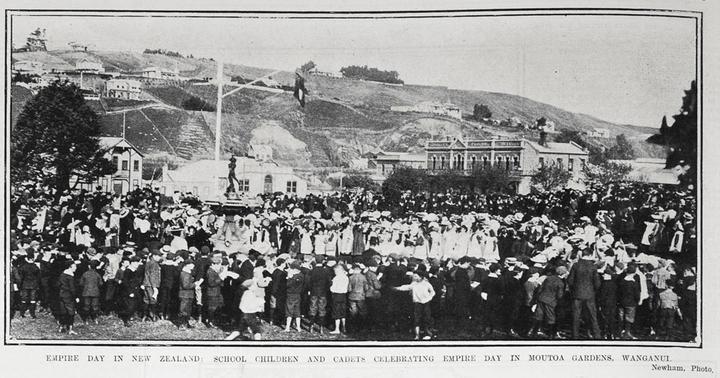School children and cadets celebrating Empire Day in Moutoa Gardens, Wanganui. Published in Auckland Weekly News, 1905  