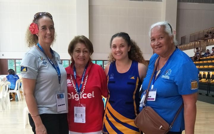 L-R - Georgina Venning (daugther), tournament official Olivia Aunoa, ,Malia Venning (player and granddaughter) and Nive Venning Ahelemo at the 2019 Pacific Games in Samoa. 