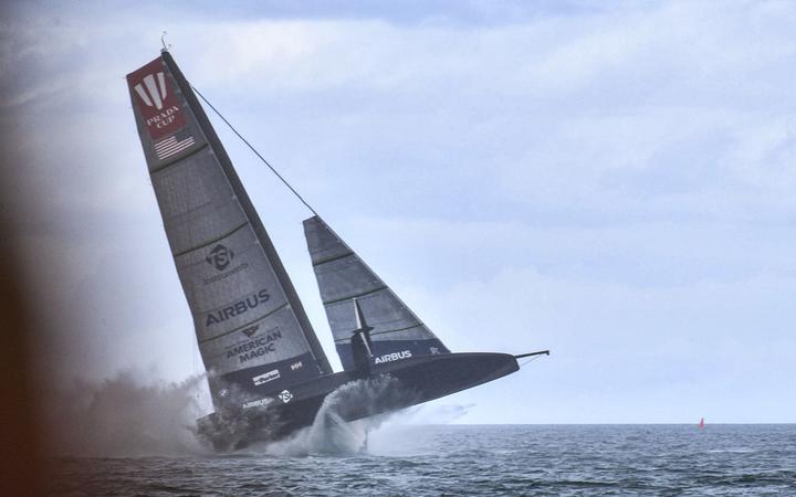 NYYC American Magic (USA) launches off the water 5 before capsizing.
Race 3, Round Robin 2 of the PRADA Cup on Auckland's Waitemata Harbour, New Zealand on Sunday 17th January 2021.
