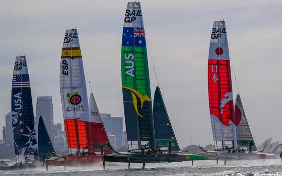 SailGP boats in action in Sydney.