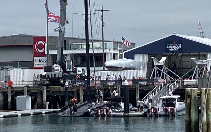 American Magic boat Patriot returns to the water for the first time following repairs after capsize.