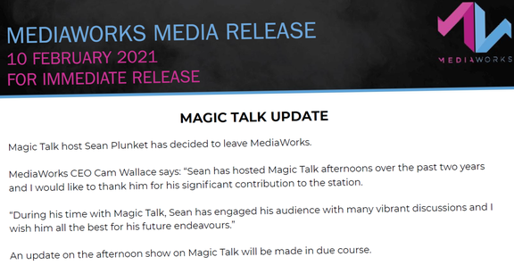After a two day on-air absence, MediaWorks announced on Wednesday
that Sean Plunket had left Magic Talk. 