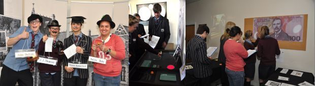 Pictures of students take part in outreach activities organised by Rutherford's Den, including dressing up as scientists and holding their models of the atoms in time order, and looking at Rutherford on the $100 note