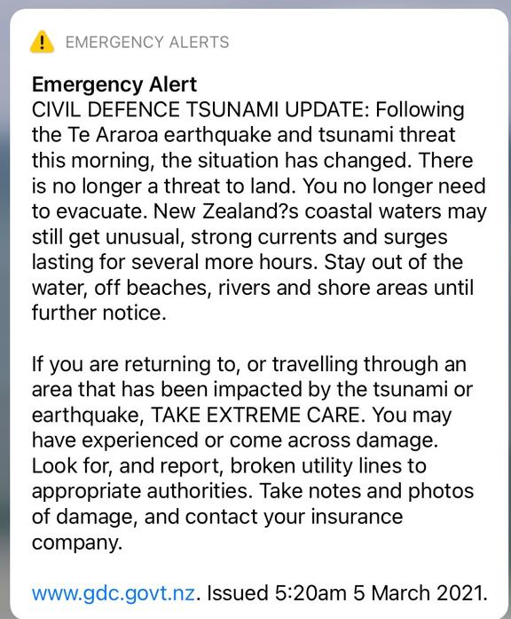 The alert that came through to phones in Gisborne at 5.20am told residents they did not need to evacuate.