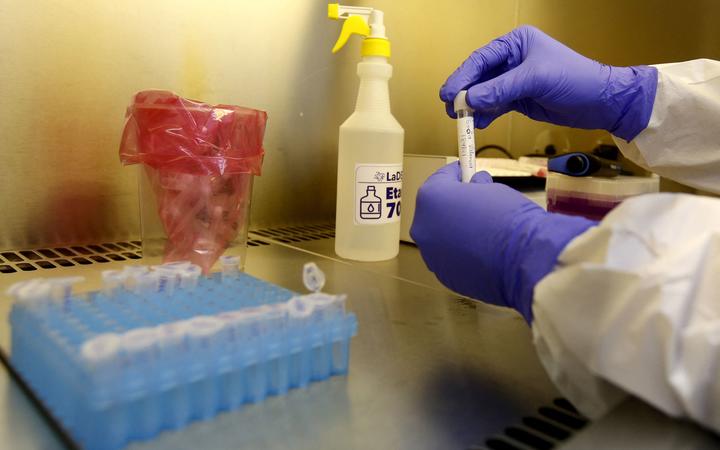 A health worker analyzes a PCR test for Covid-19 detection at the laboratory of the University Centre of Health Sciences (CUCS) in Guadalajara, Jalisco state, Mexico, on April 14, 2021. (Photo by ULISES RUIZ / AFP)