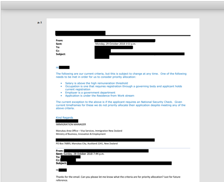 Email from Immigration New Zealand regarding salary threshold for residence visa applications.