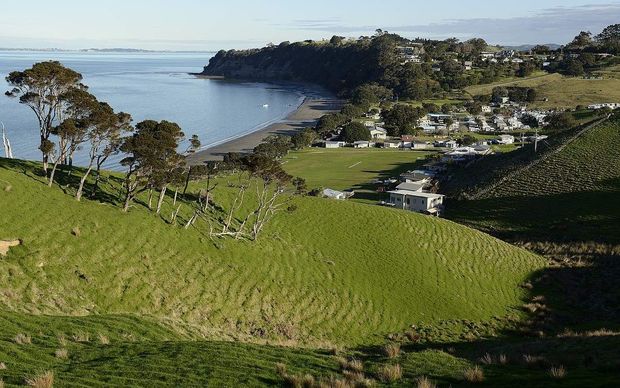 Hilly coast and settlement, Martins Bay & Snells Beach, Auckland.