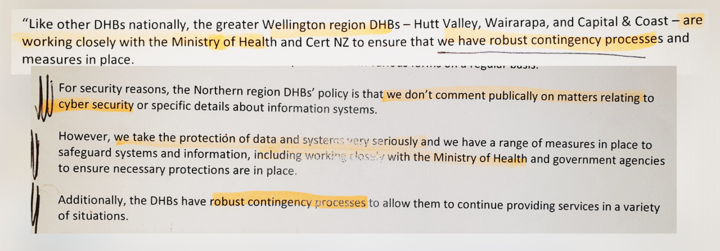 Responses from DHBs on cyber security.