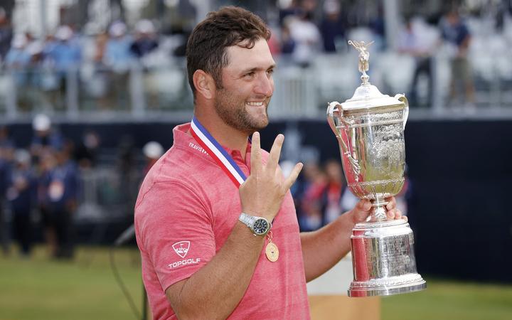 Jon Rahm of Spain celebrates with the trophy after winning the 2021 US Open at Torrey Pines Golf Course (South Course) on June 20, 2021 in San Diego, California.  
