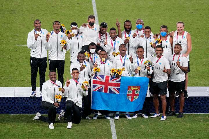 Fiji celebrate their Olympic gold medal.