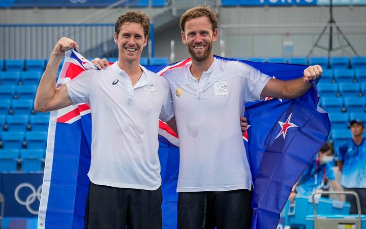 New Zealand's Marcus Daniell (left) and Michael Venus after defeating Americans Krajicek / Sandgren to win the Bronze medal in the men's doubles at Ariake Tennis Park, Tokyo 2020 Olympic Games. Friday 30 July 2021. 