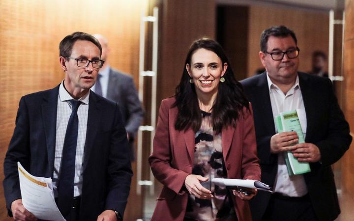 Director-General of Health Dr Ashley Bloomfield, Prime Minister Jacinda Ardern, and Deputy Prime Minister Bruce Robertson