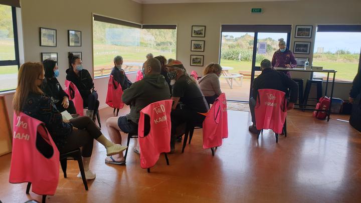 People waiting to get vaccinated at the Mōkau clinic.