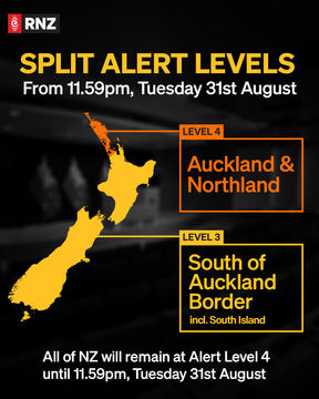 A map showing split alert levels when Auckland and Northland continue in level 4 from Tuesday.