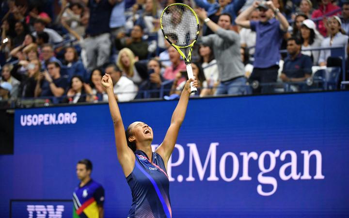Canada's Leylah Fernandez celebrates after winning her 2021 US Open Tennis tournament women's singles third round match against Japan's Naomi Osaka at the USTA Billie Jean King National Tennis Center in New York, on September 3, 2021. 
