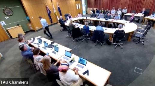 Councillor Adie Doyle walks out of the Ruapehu District Council chambers in May before the opening karakia.   