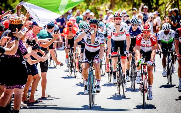    Santos Tour Down Under 2019 Be Safe Watch MAC Stage 6 - Adelaide, Australia - Peter Sagan 和 Adam Blyth 在 Wellunga 的最后一次攀登过程中在路边亲吻