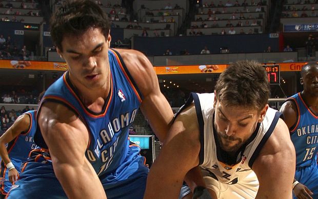 OKC's Steven Adams and Memphis big Marc Gasol clash in the NBA