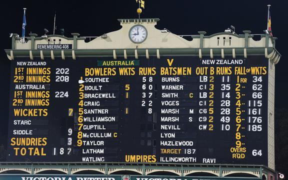 Остаточне табло після Австралійського тестового матчу виграє третій день третього матчу з тенісу з крикету між Новою Зеландією та Австралією.  2015 рік. 