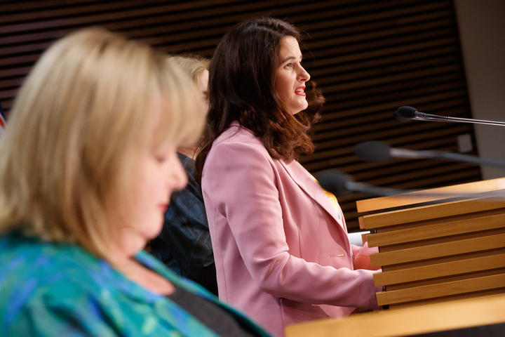 Housing Minister Megan Woods, left, National MP Nicola Willis, with National Party leader Judith Collins. The parties worked together on a Bill to amend the Resource Management Act making it easier to build houses.