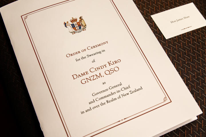 Order of Ceremony Swearing in of the Governor General, waiting on the seat reserved for Green Party Co-Leader James Shaw. 