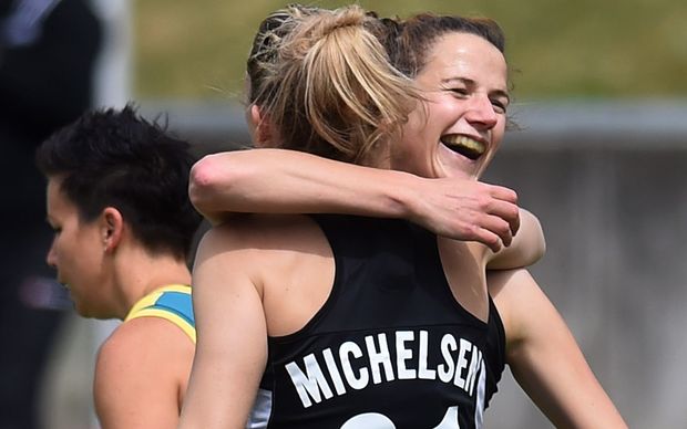 New Zealand captain Stacey Michelsen celebrates with goal scorer Pippa Hayward