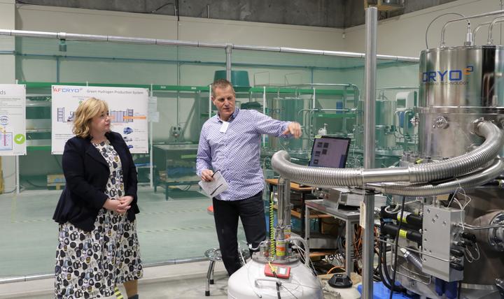 Christopher Boyle with AFCryo unveils its Green Hydrogen Production System for zero-emission refuelling with Minister Megan Woods.
