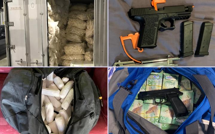 Operation Selena seizures: (from top left, clockwise) Meth hidden in a container from Tonga to Auckland, firearms seized in relation to investigation on smuggling from Tonga, cash and firearm seized after investigation into smuggling from Malaysia, meth disguised as taro and cassava.