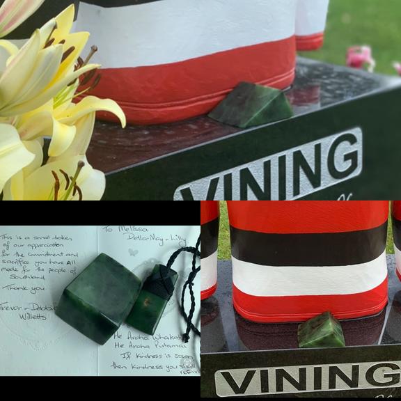 A precious pounamu carving is missing from cancer campaigner Blair Vining's grave site.